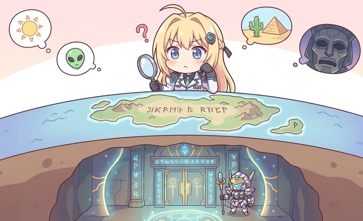 マブガルのザルトゥーム島の真実をイメージしたイラスト。平和な島の風景が剥がれ落ち、裏側にある機械的なシステムと荒廃した外界が見え隠れしている。