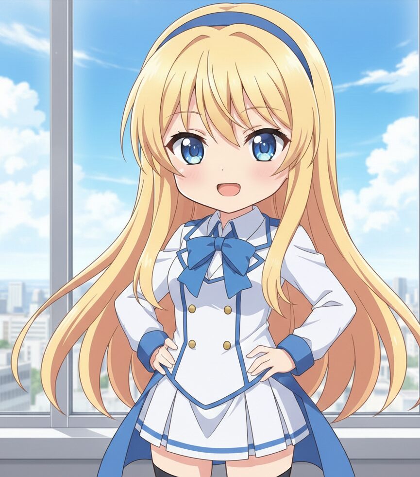 マブガルの鳴滝七彩をイメージした、凛々しい軍服姿のデフォルメキャラクター。冷静に戦況を見つめる「統率者」のイメージ。