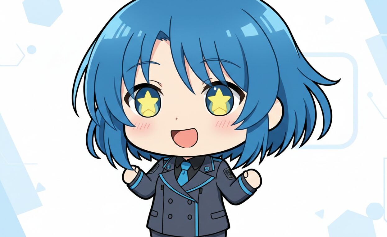 マブガルの鎧衣美琴（ナチュラルボーンサバイバー）をイメージした、活発で力強いデフォルメイラスト。銃を構え、戦場を生き抜くサバイバーのイメージ。