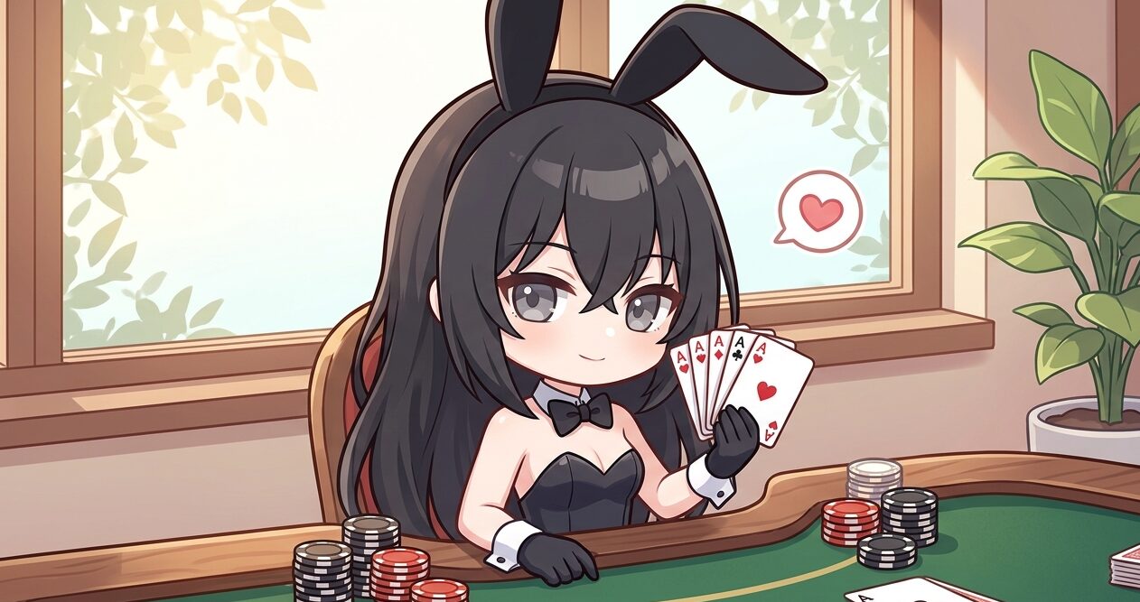 カジノラビット衣装の劉翠蘭が、冷静に戦局を見極めるイメージ図